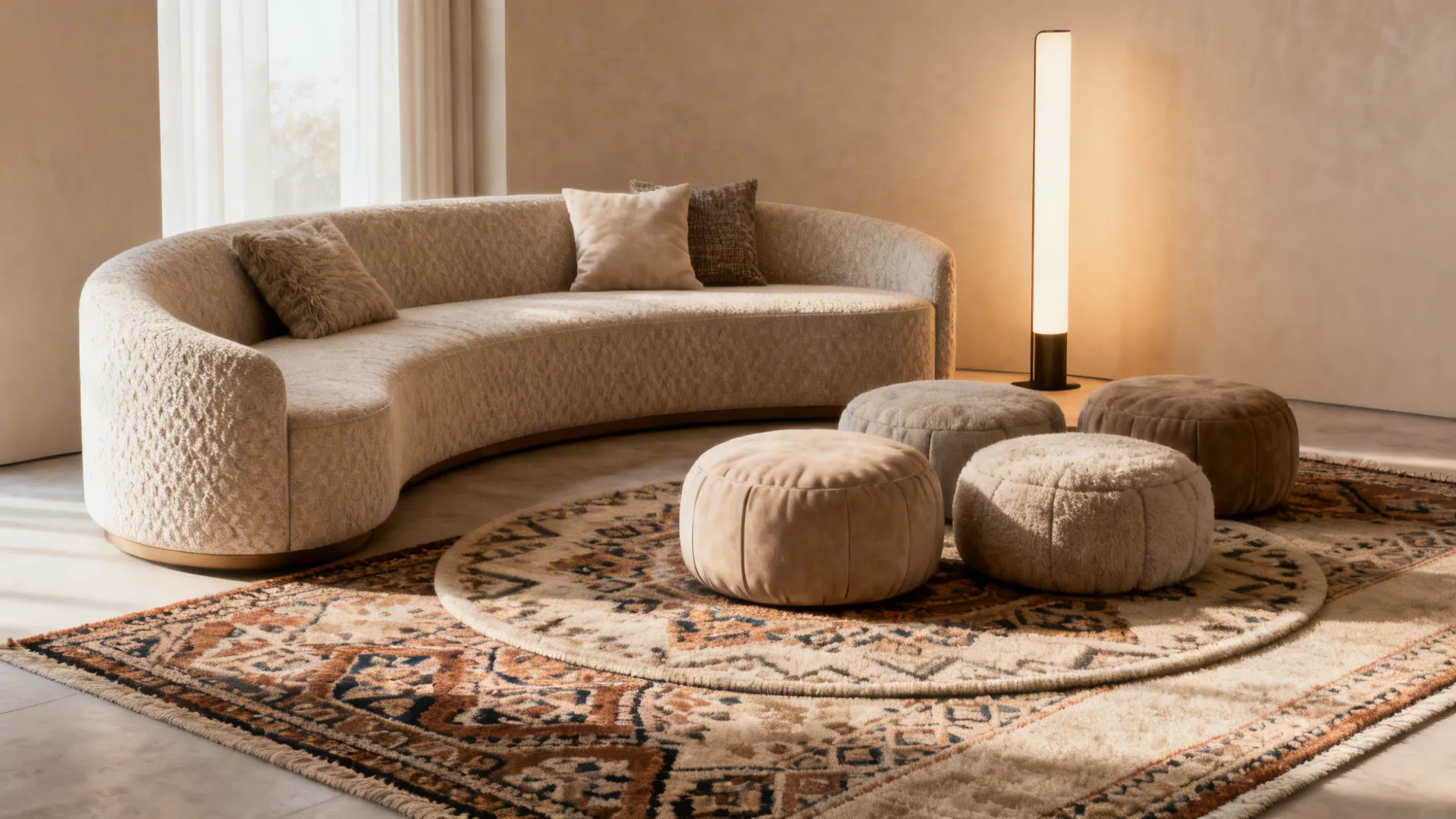 Curved accent bench and poufs in a corner with a floor lamp and layered rugs