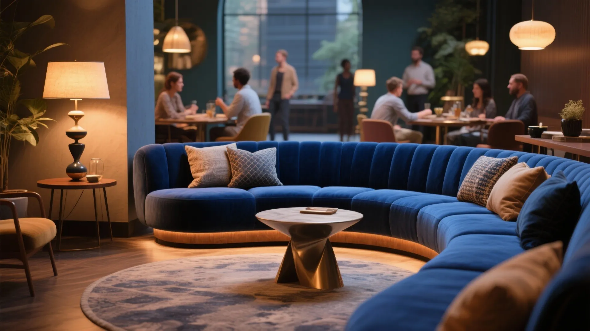 Curved blue velvet sectional forming a cozy conversation nook with sculptural accents.