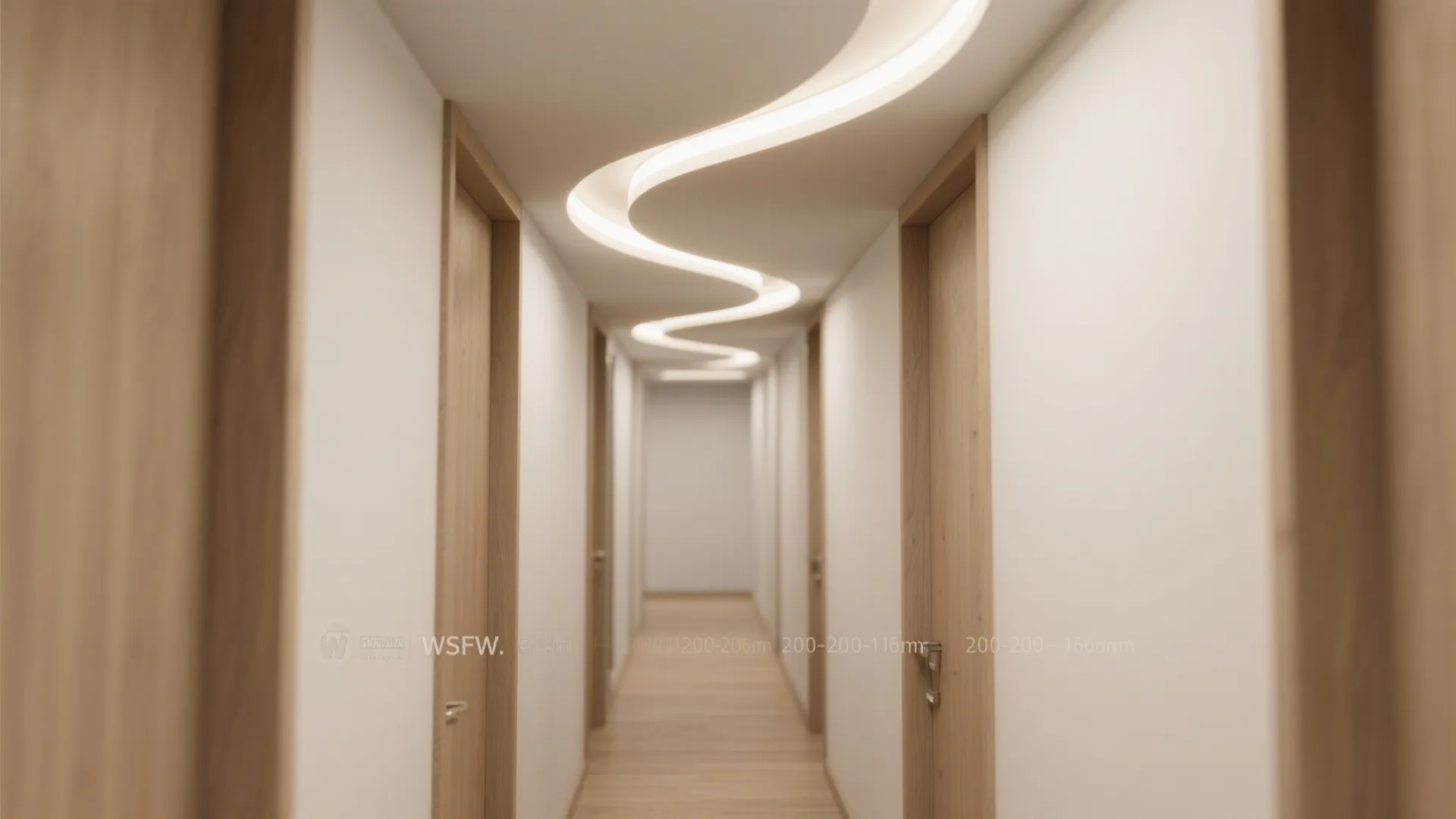 Hallway with a curved ceiling border and continuous cove light creating a soft, boutique feel.