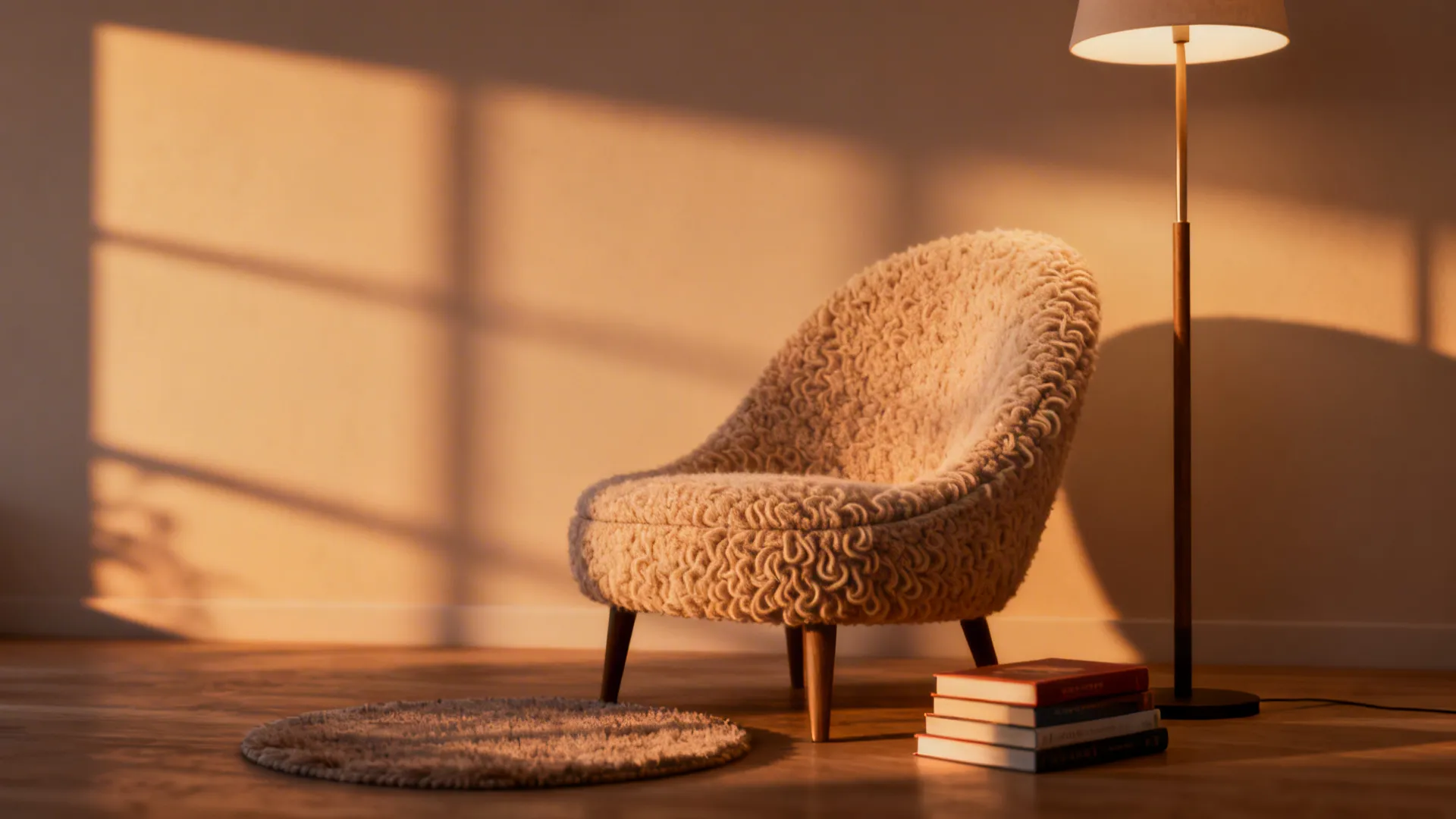 Cozy reading nook with a curved bouclé chair and floor lamp in warm light
