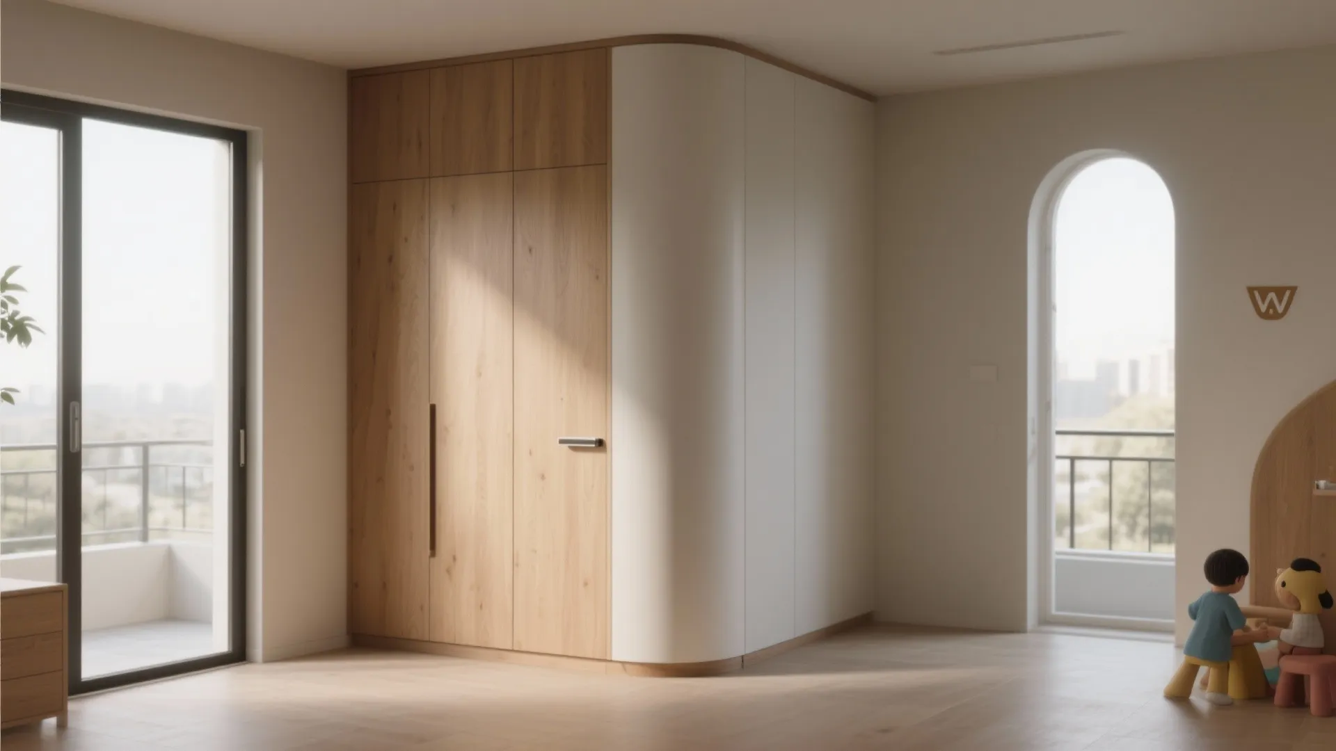 Minimalist room showing a large wooden cabinet with unique curved corner design and natural light