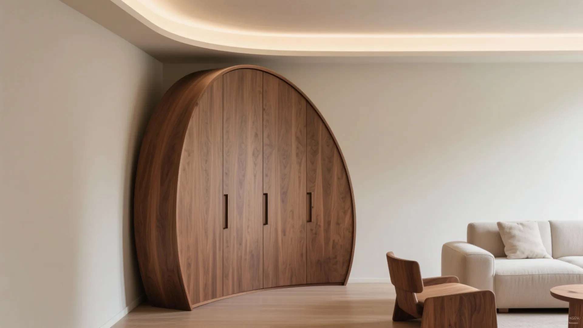 Modern living room featuring a large curved wooden cabinet beside a beige sofa and chair