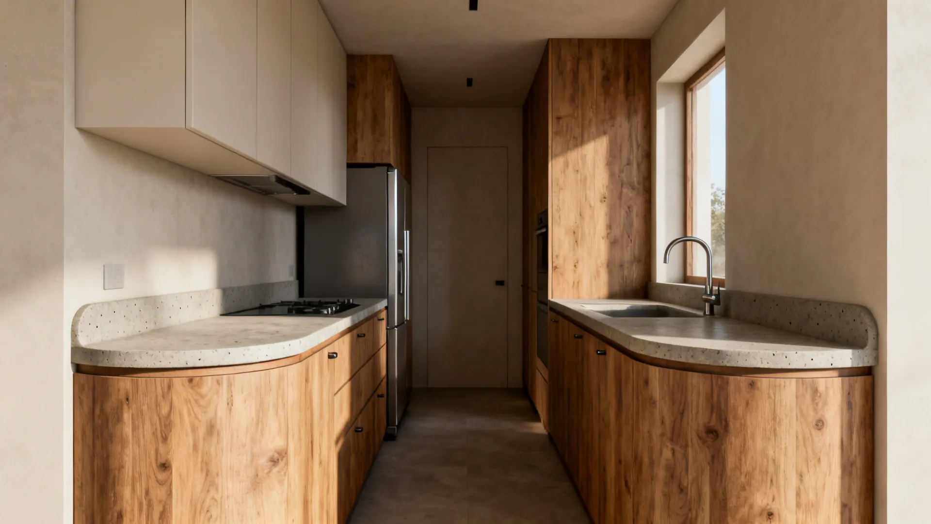 Narrow galley kitchen with radiused cabinet ends and a cement-look quartz countertop.