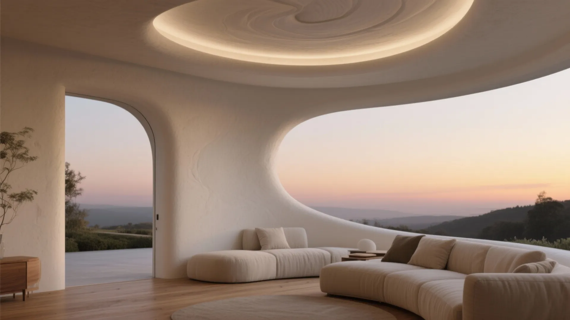 Sculptural curves and organic plaster profiles