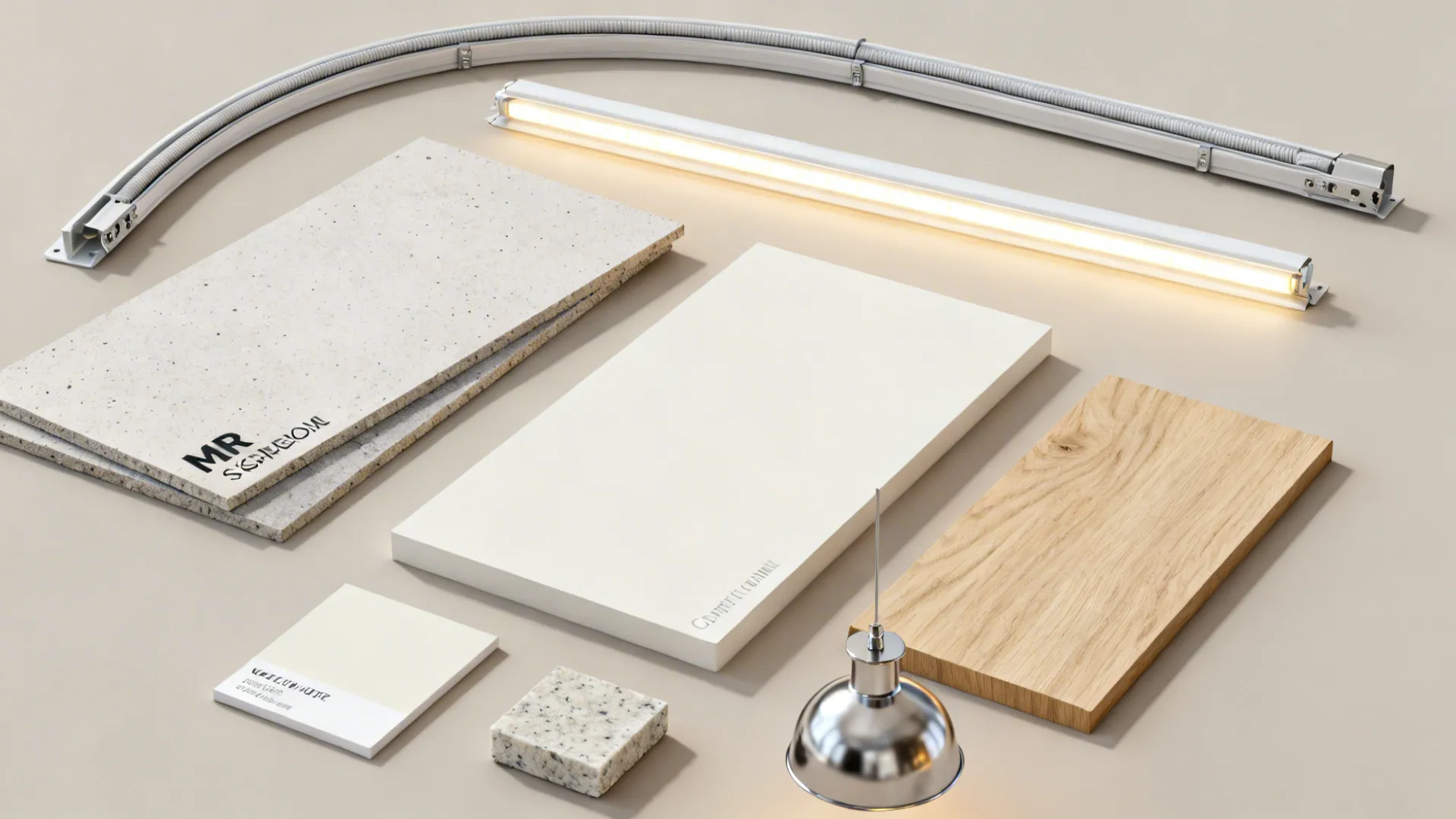 Flatlay of MR gypsum, flexible track, LED diffuser, paint, oak, metal finish, and quartz for a curved canopy.