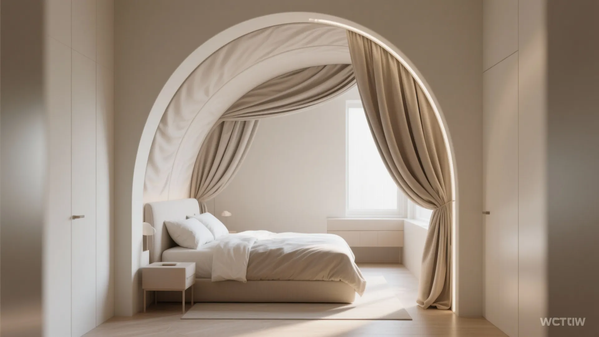 Tiny bedroom with a curved arched canopy rail and smooth flowing fabric that softens the room corners.