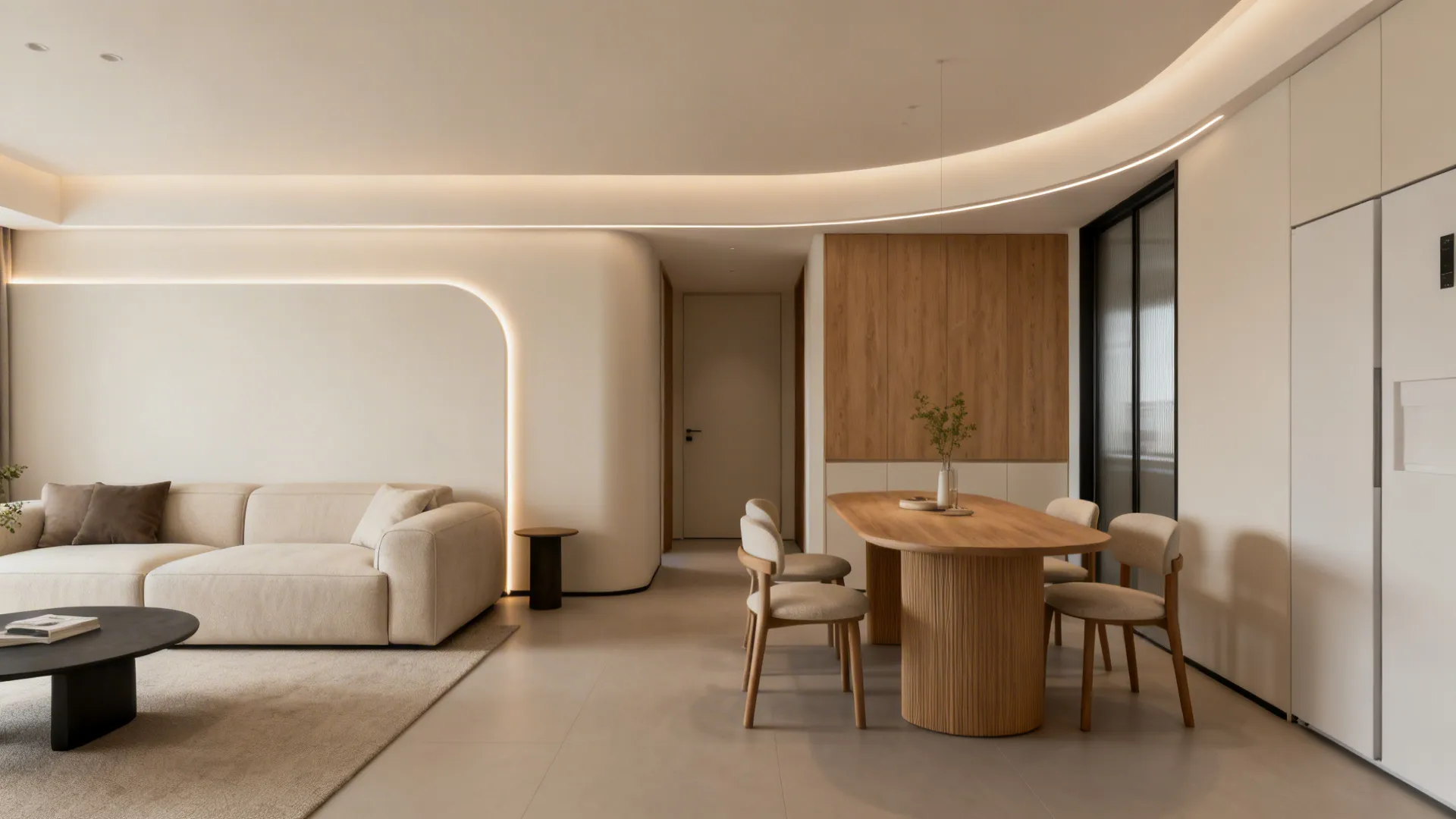 Compact living–dining room with curved ceiling–wall junctions and a recessed arc with hidden LED light.