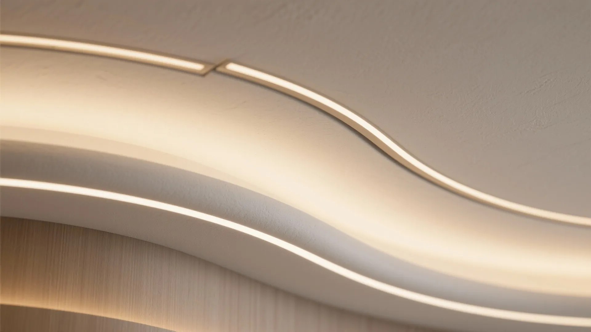 Close up view of curved white ceiling with warm hidden strip light and wood wall