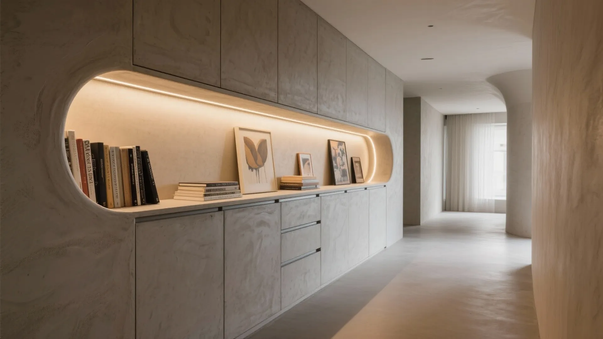 Long grey hallway featuring a large wall cabinet with a curved illuminated shelf for books
