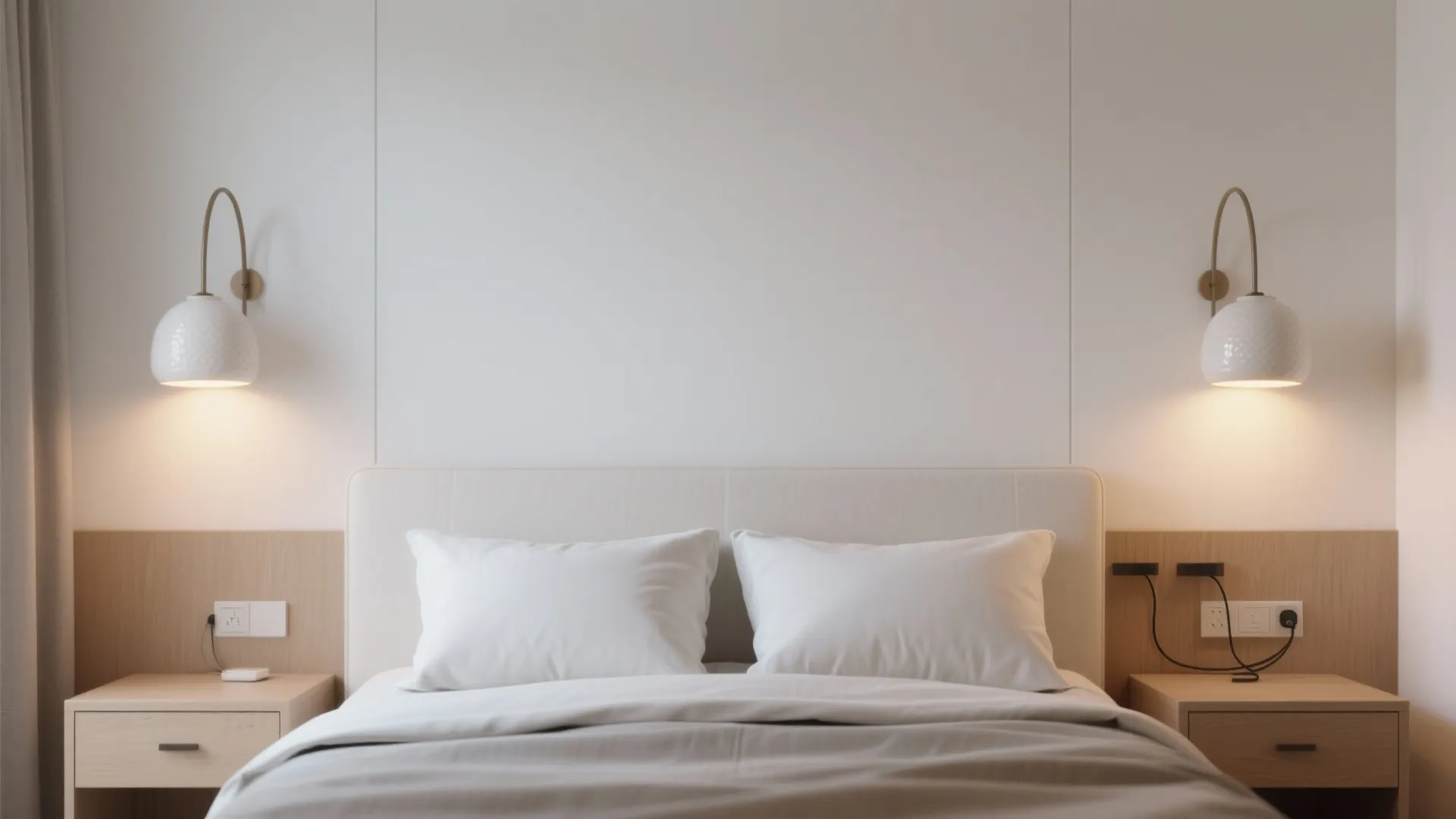 Curved ceramic sconces in bedrooms for soft, hotel-like calm