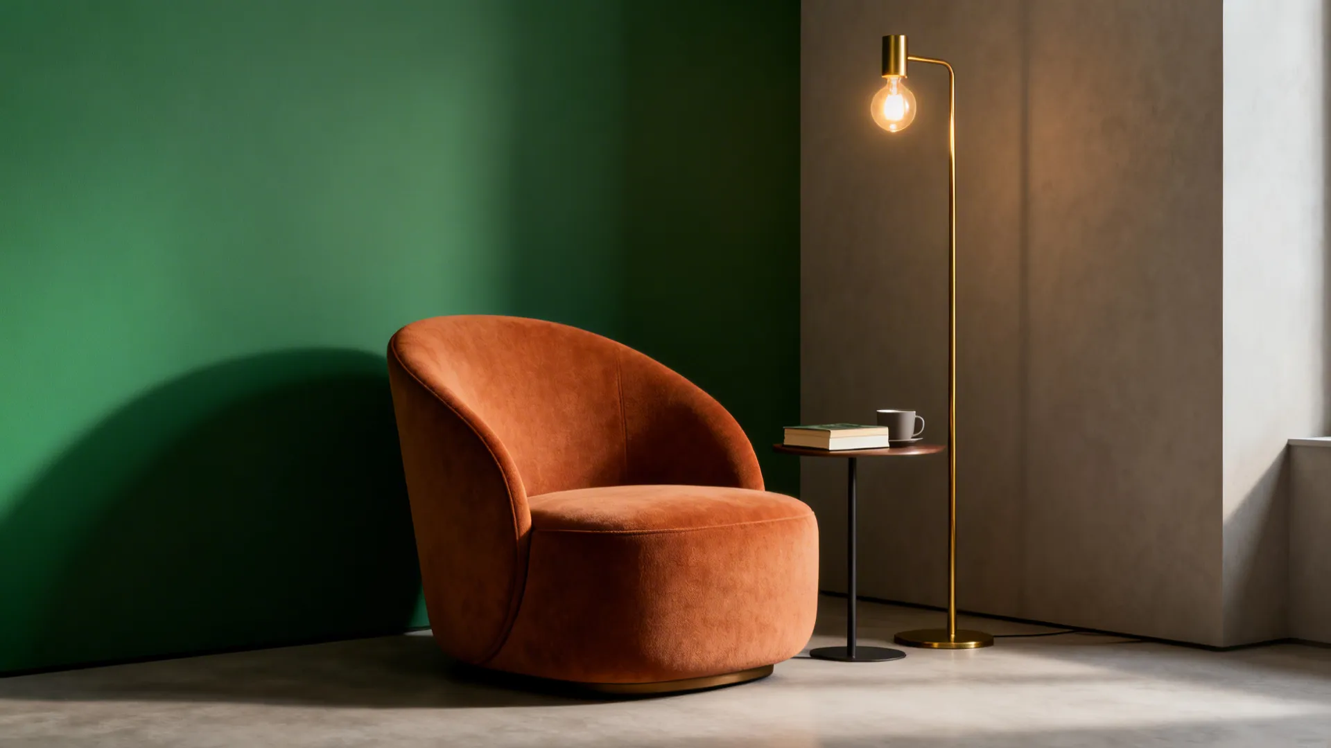 Curved accent chair with a tall floor lamp and a slim side table in a cozy corner.