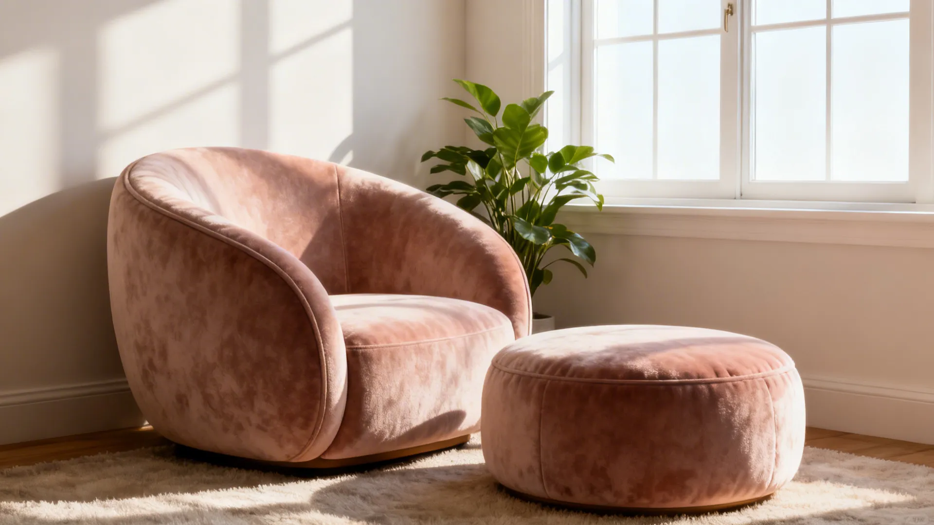 Curved accent chair with a round ottoman in a windowed reading nook, warm and cozy