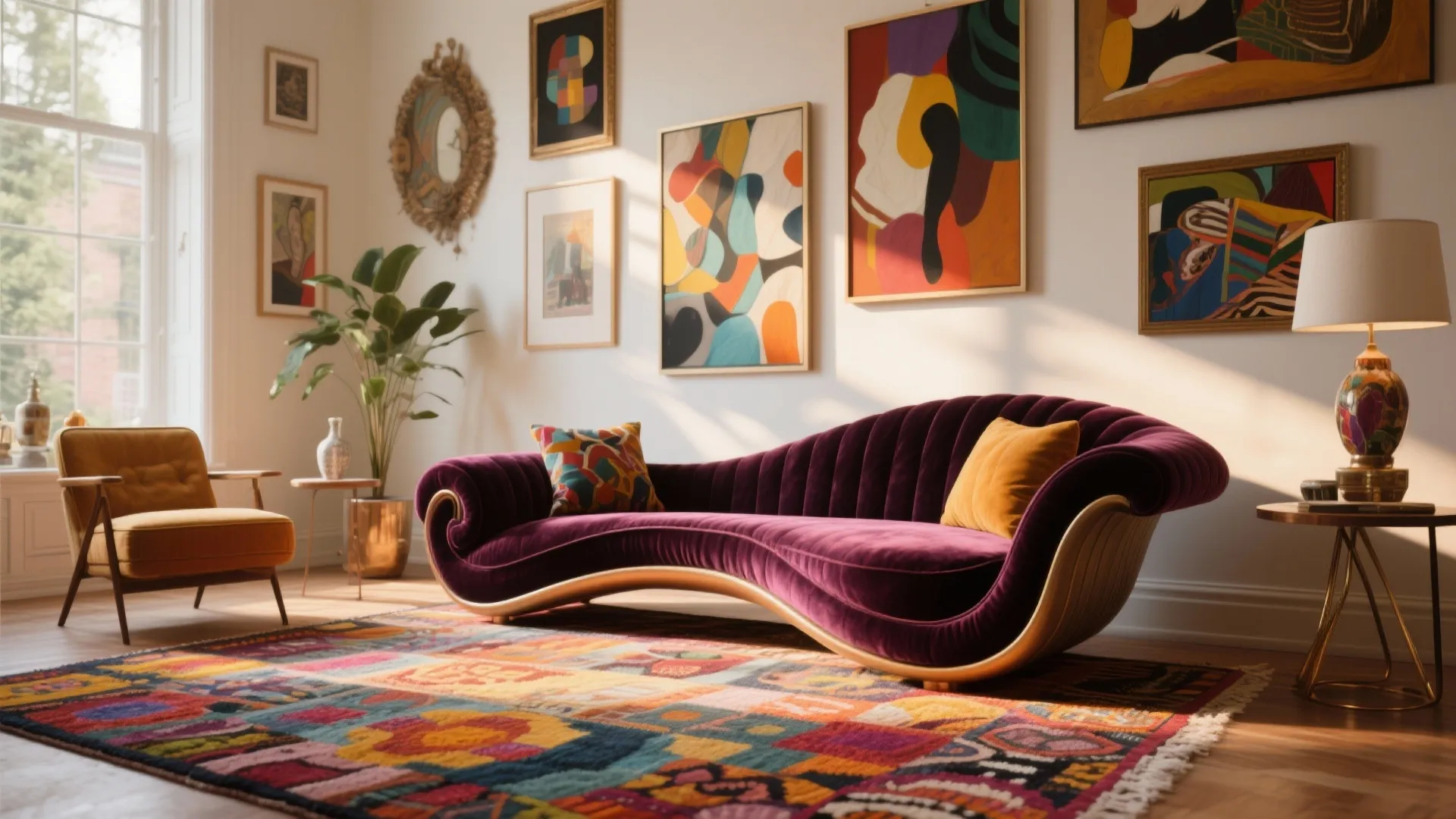 Artistic living room with purple curved sofa plus colorful rug and wall art plus light