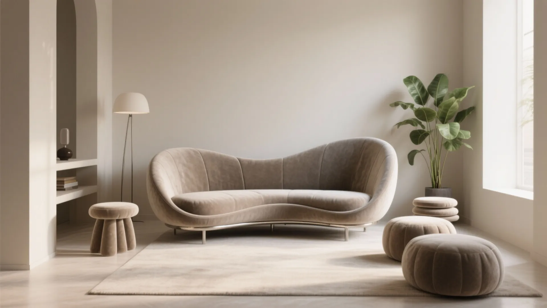 Minimalist living room featuring beige curved sofa floor lamp green plant and small round footrests