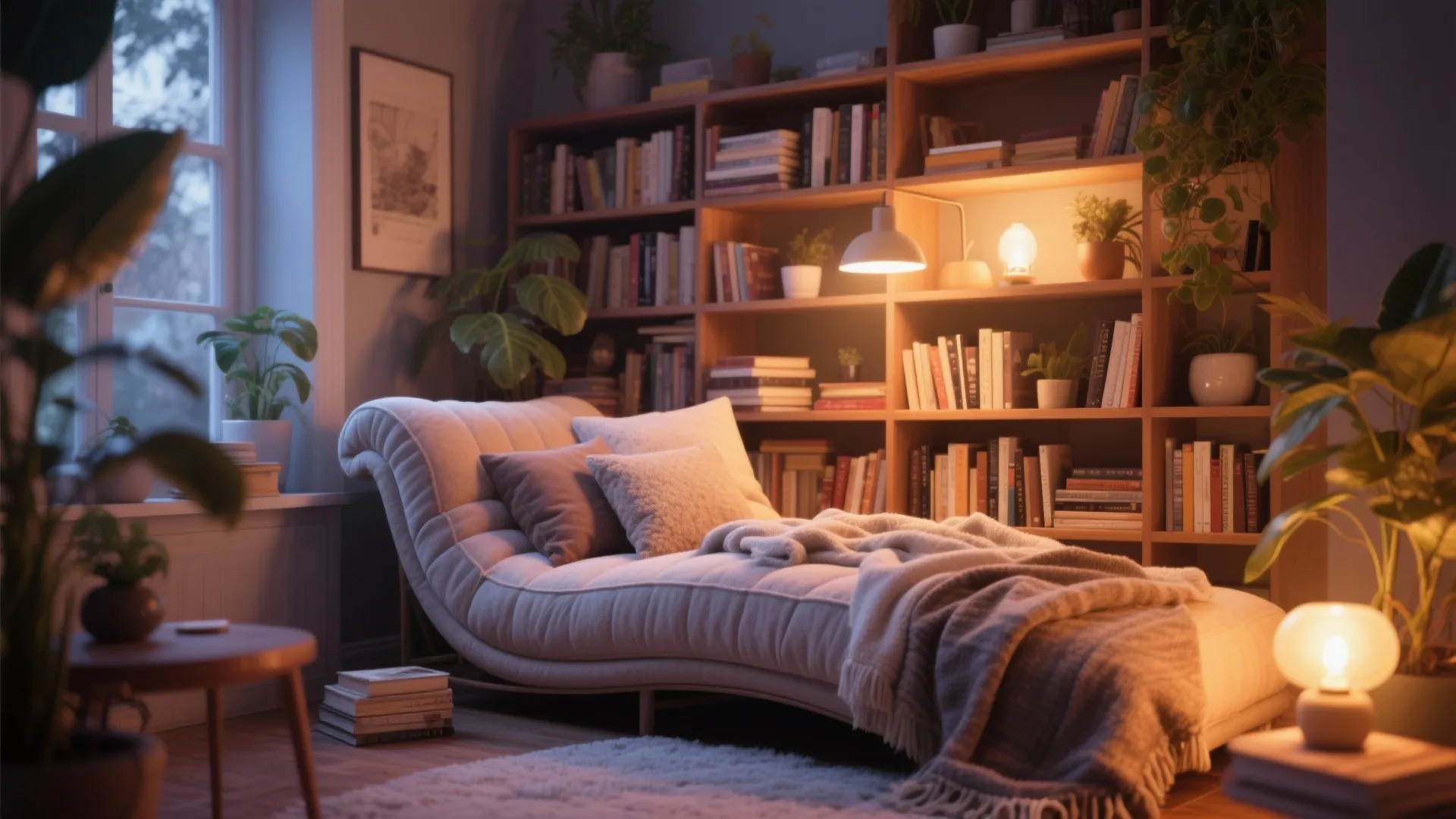 Curved chaise lounge in a cozy reading corner