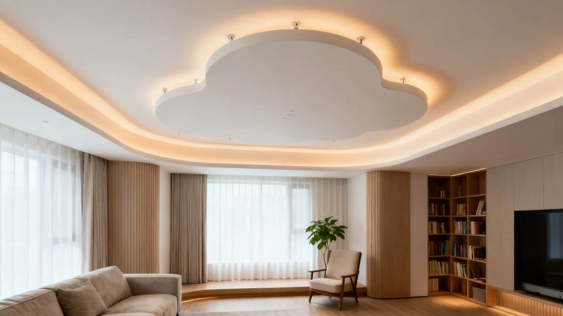 Modern living room with cloud shaped ceiling light warm lighting sofa armchair and wooden bookshelf
