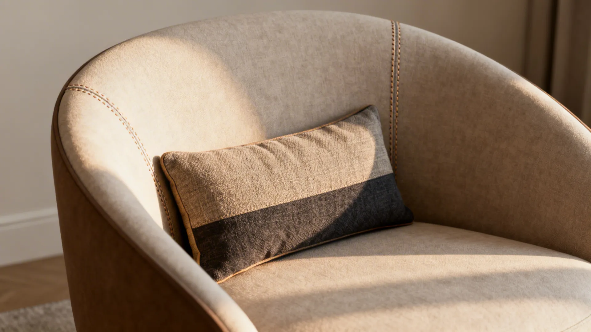 Curved low-profile club chair with slim lumbar pillow in soft daylight