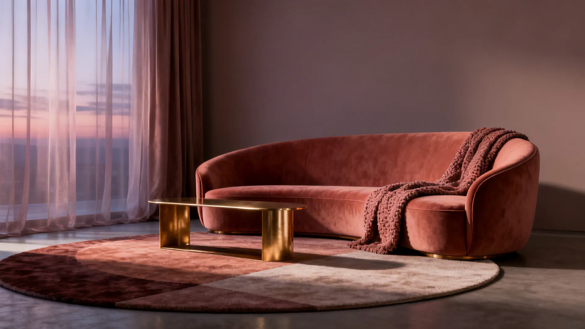 Curved compact sofa in a studio corner creating soft flow with warm accents and layered textures.