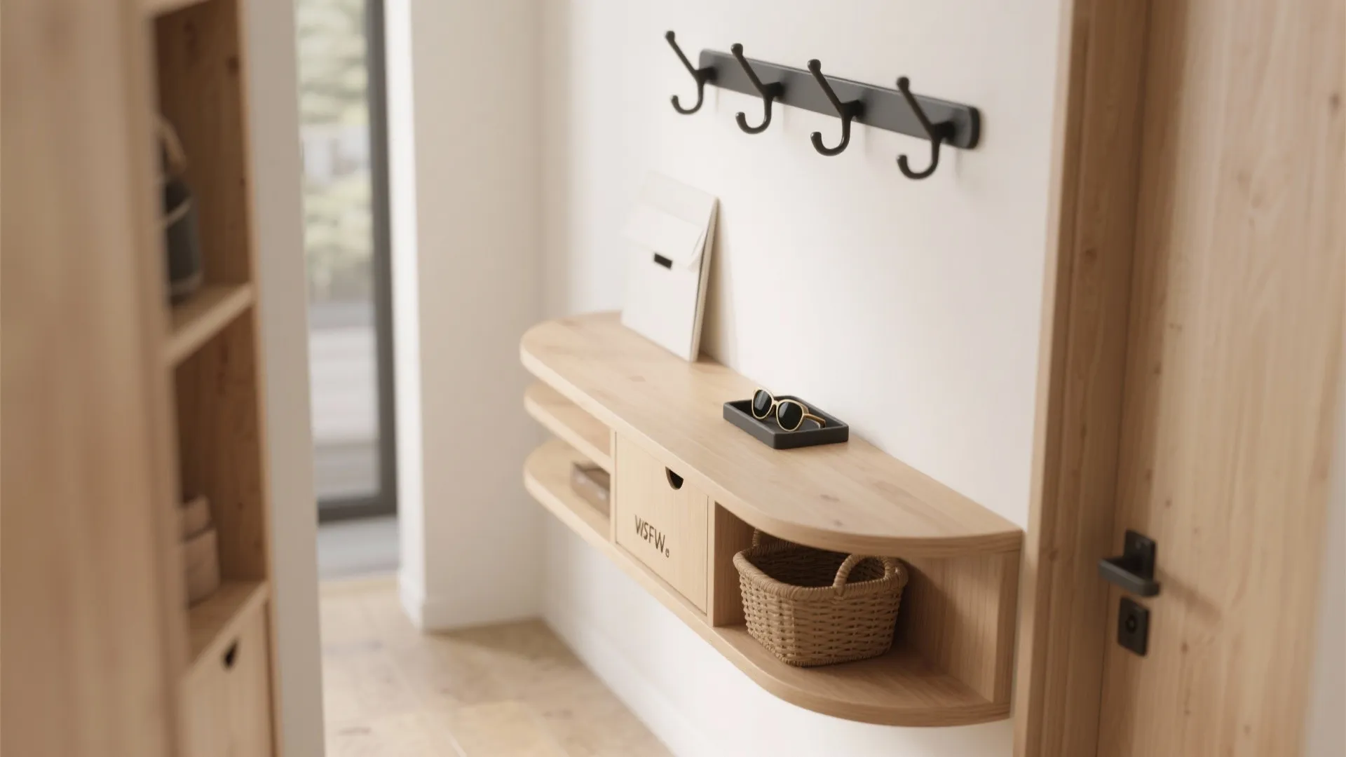 A Curved Plywood Console That Defines the Hall