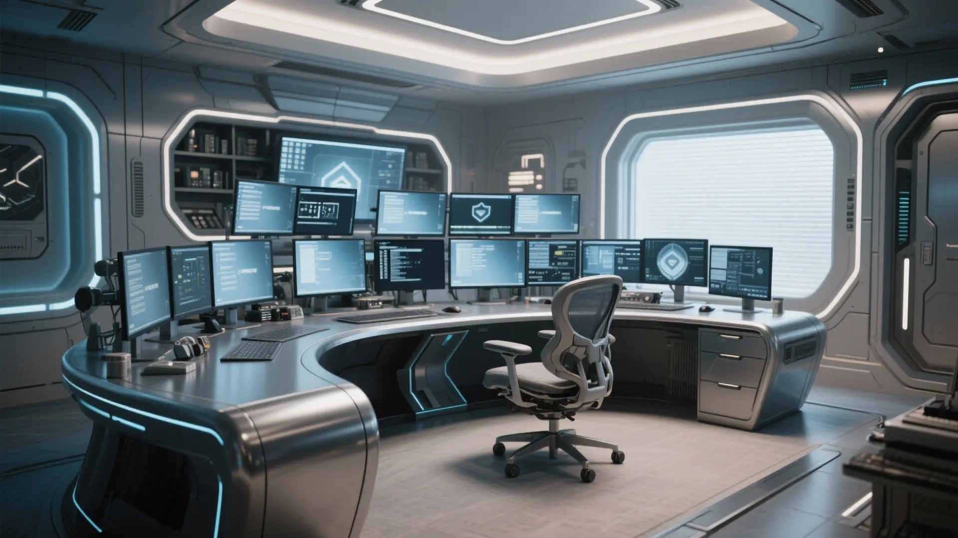 Futuristic command center room with curved metal desk multiple computer screens and grey office chair