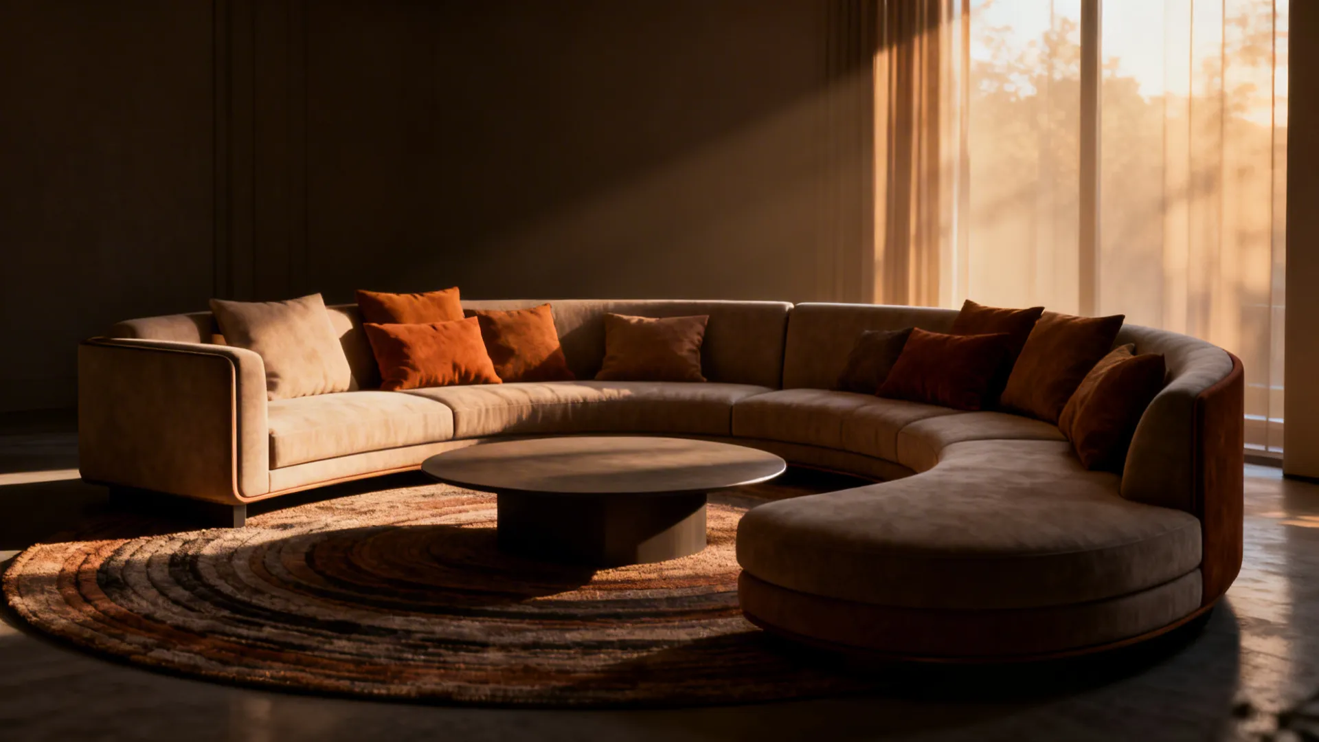 Semicircular curved modular sofa forming a conversation nook around a low table.