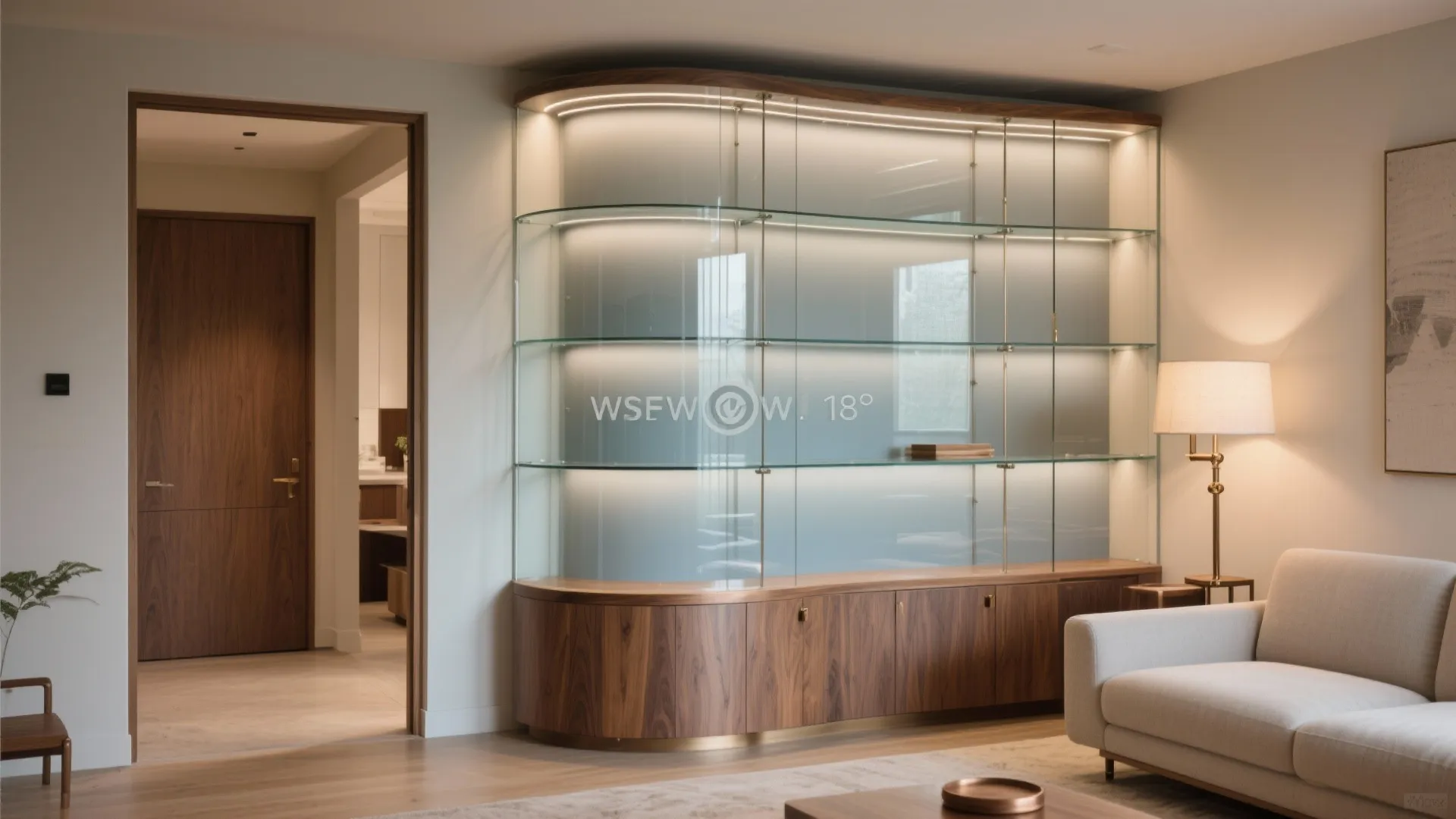 Curved corner glass display to save footprint