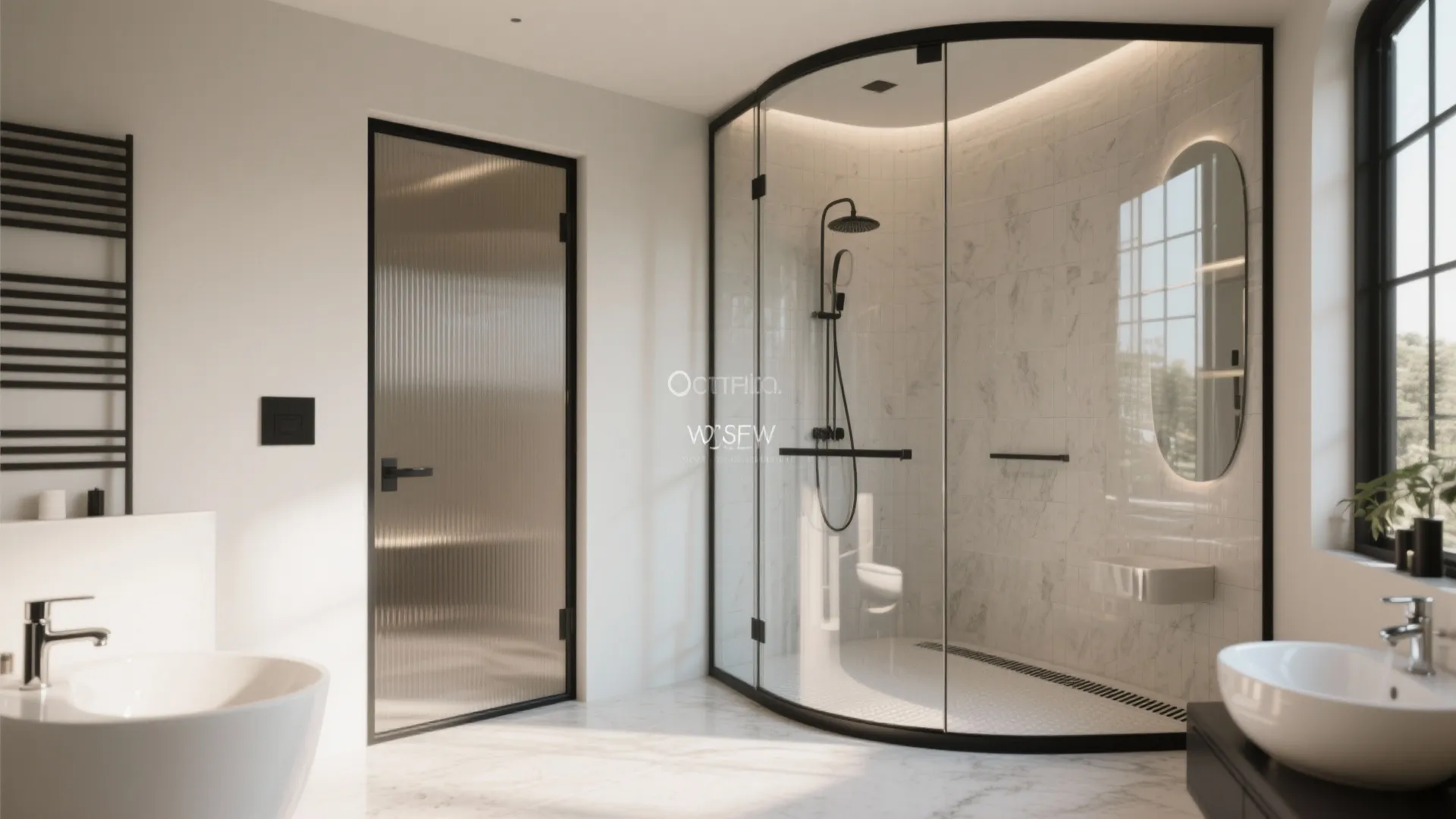 Curved corner wet room with pocket door