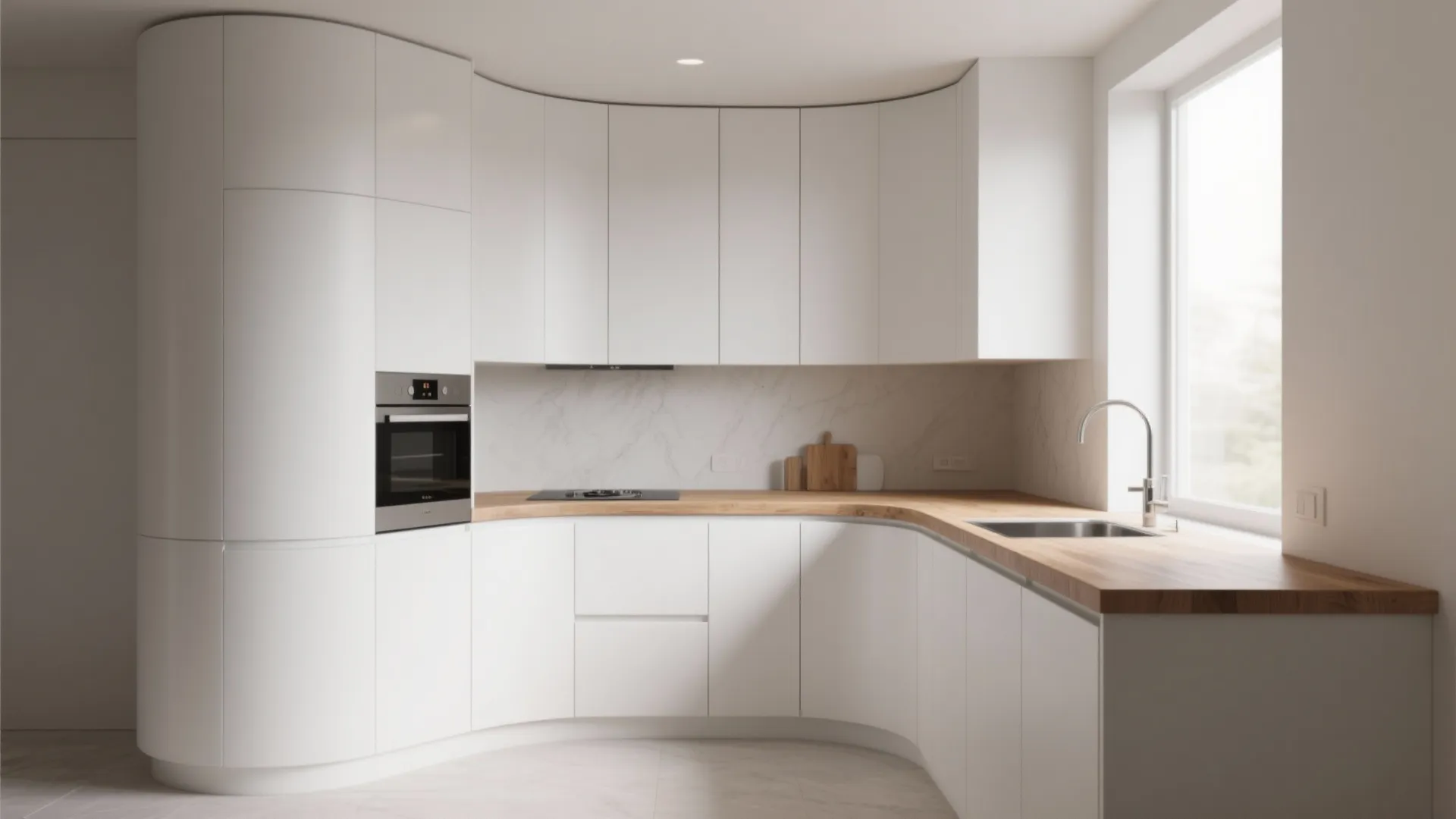 Minimalist white kitchen with curved cabinets wood countertop sink oven and large window natural light