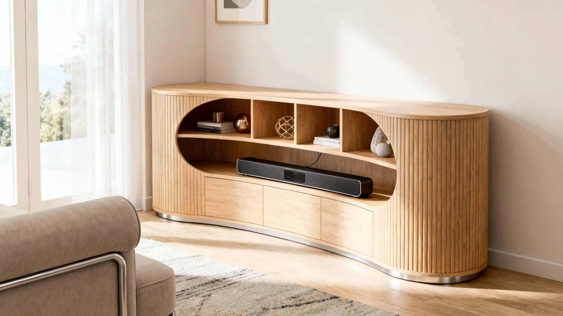 Curved corner console with open shelving and decorative items creating an organic flow