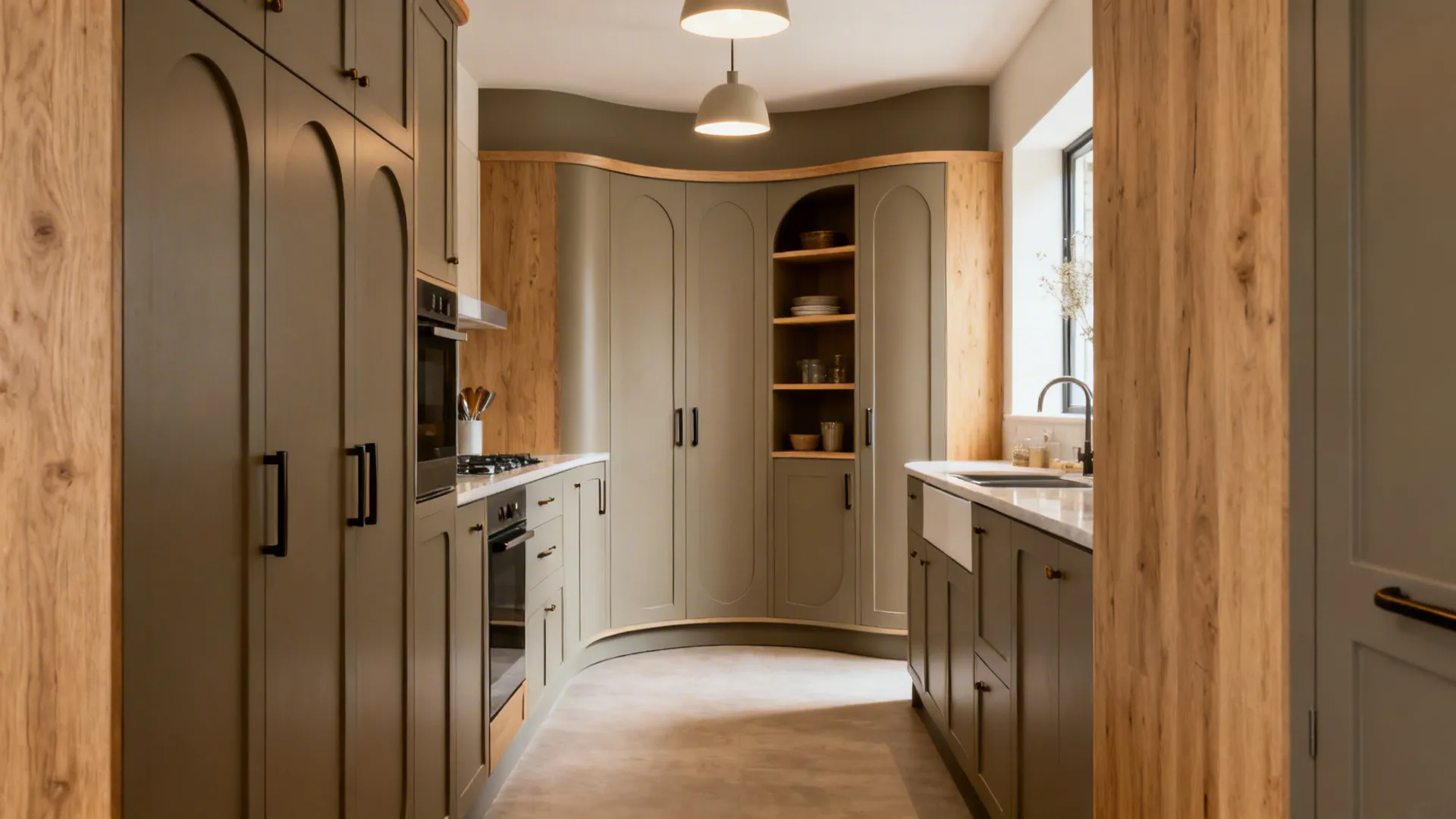 Narrow galley kitchen with a quarter-round curved pantry easing the corner turn.