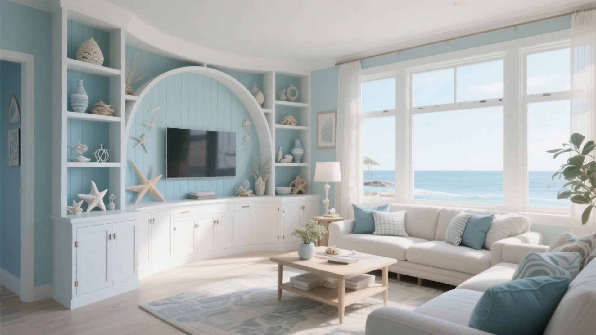 Blue coastal living room featuring a curved white cabinet and beautiful ocean view through windows