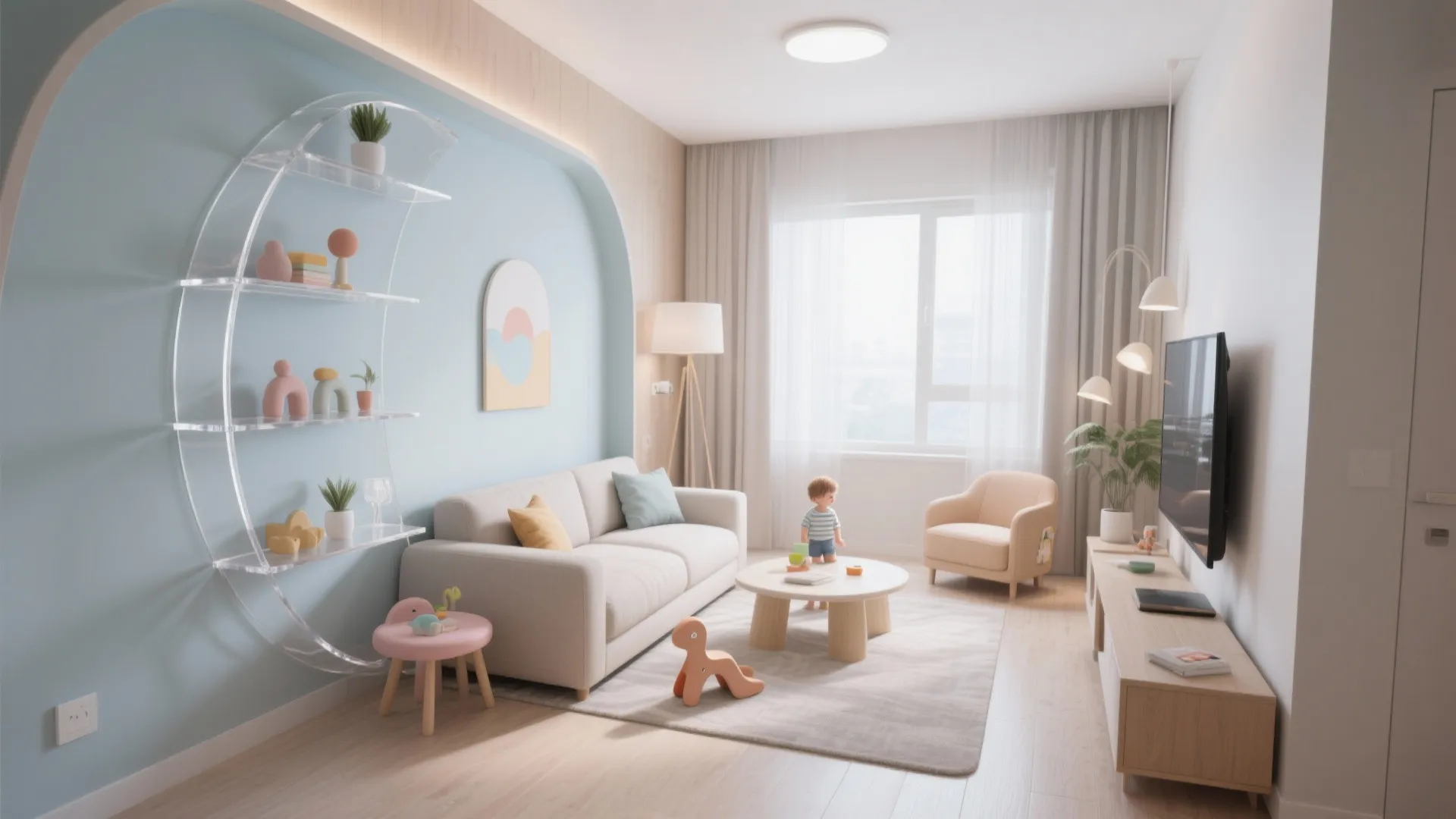 Child friendly living room with blue wall curved clear shelves white sofa and small table