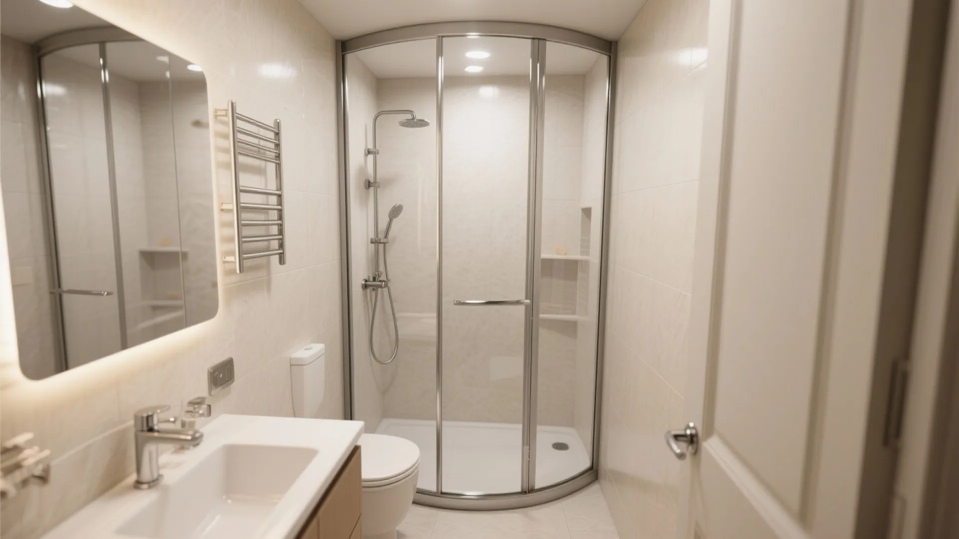 Small bathroom layout with curved glass shower enclosure white toilet wooden cabinet and a large mirror