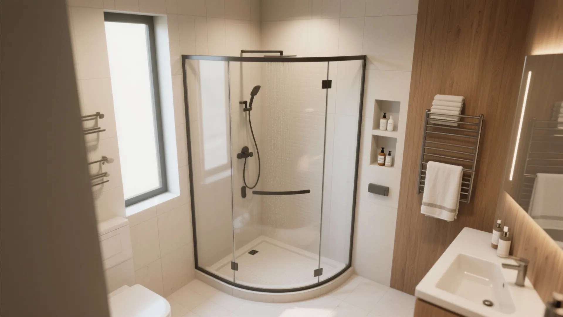 2. Curved corner shower to save swing space