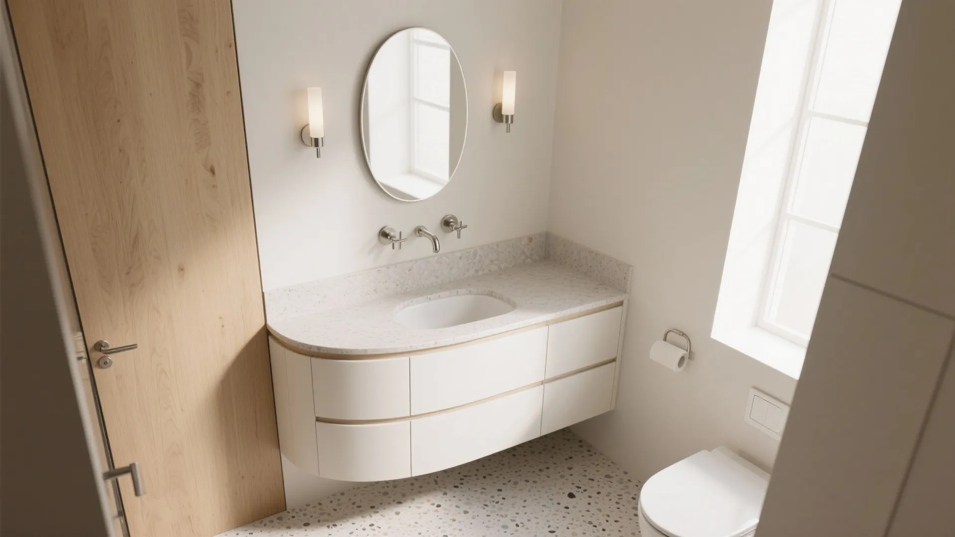 Bright bathroom with white curved cabinet oval mirror wall light and white toilet near window