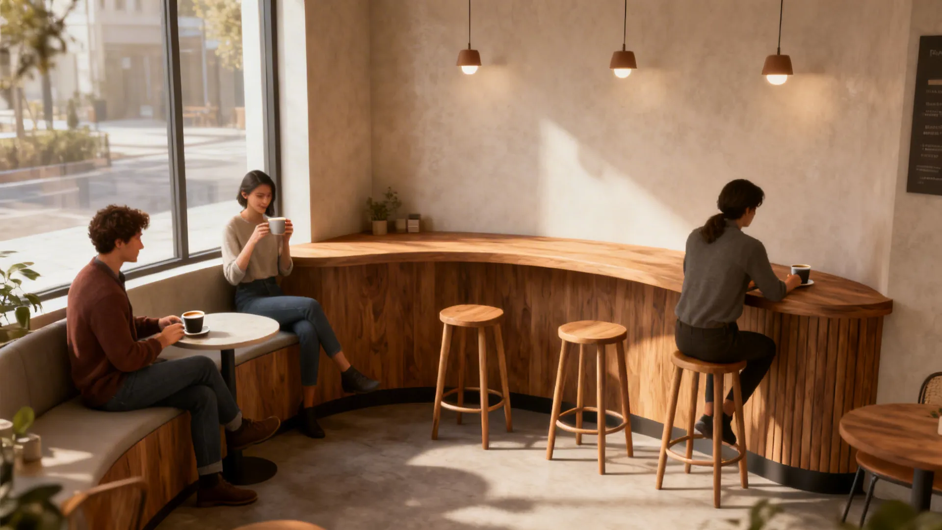 Modern cafe interior featuring curved wooden counter with people sitting on stools and drinking coffee