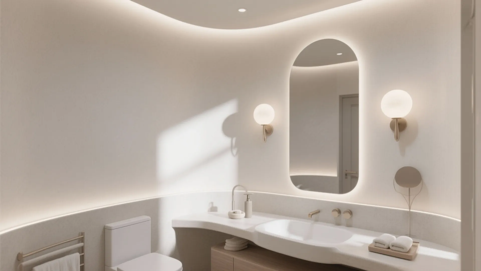 Modern bathroom with white curved walls vanity sink oval lighted mirror and two round wall lights