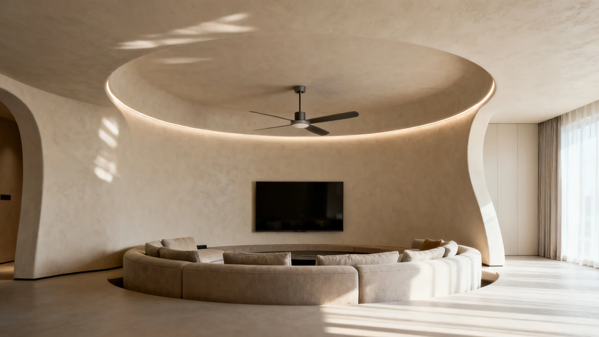 Curved cove ceiling with an off-center fan placed above the main seating area.