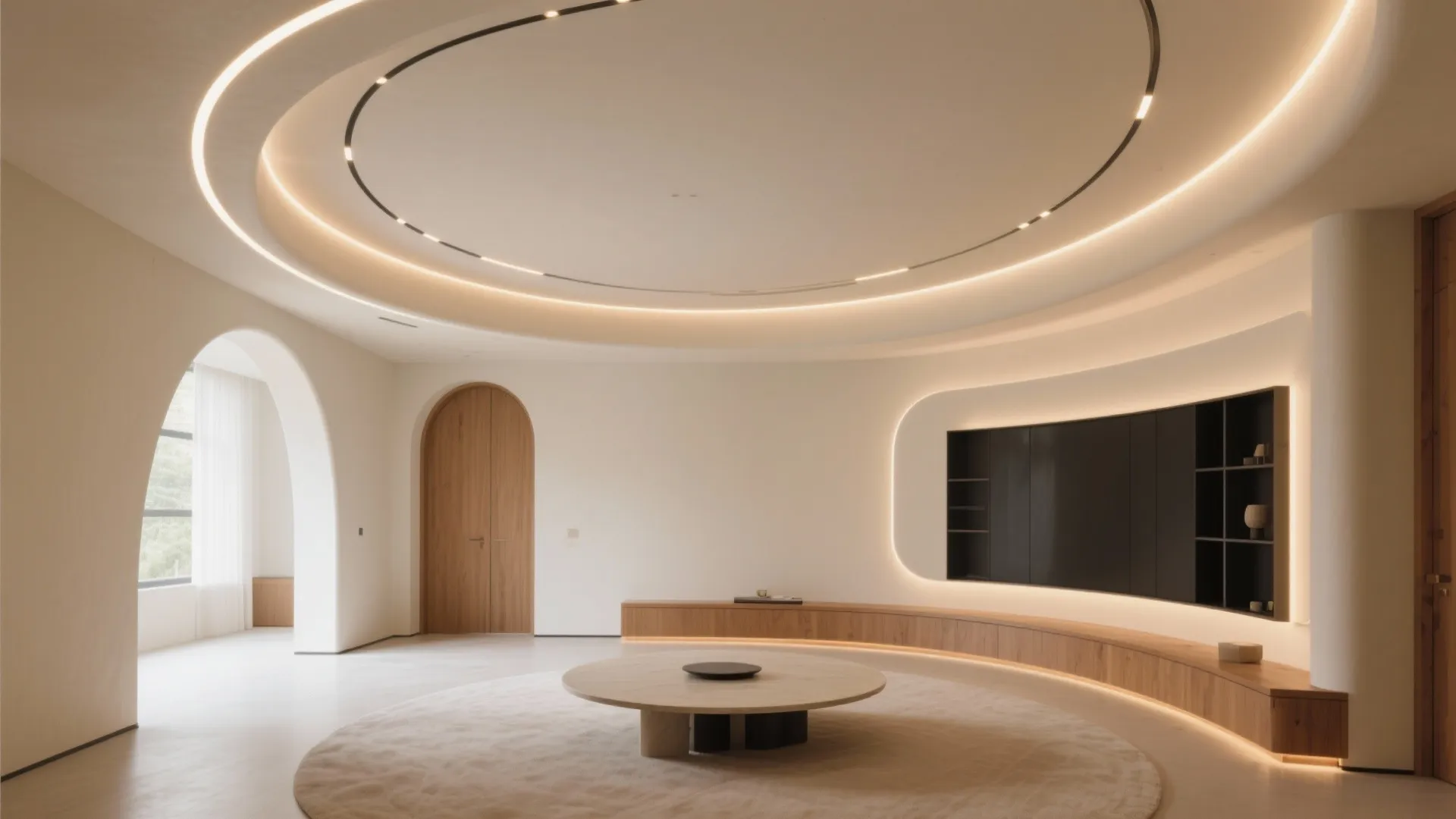 Modern circular room with curved ceiling lights round table wooden door and minimalist arched window design