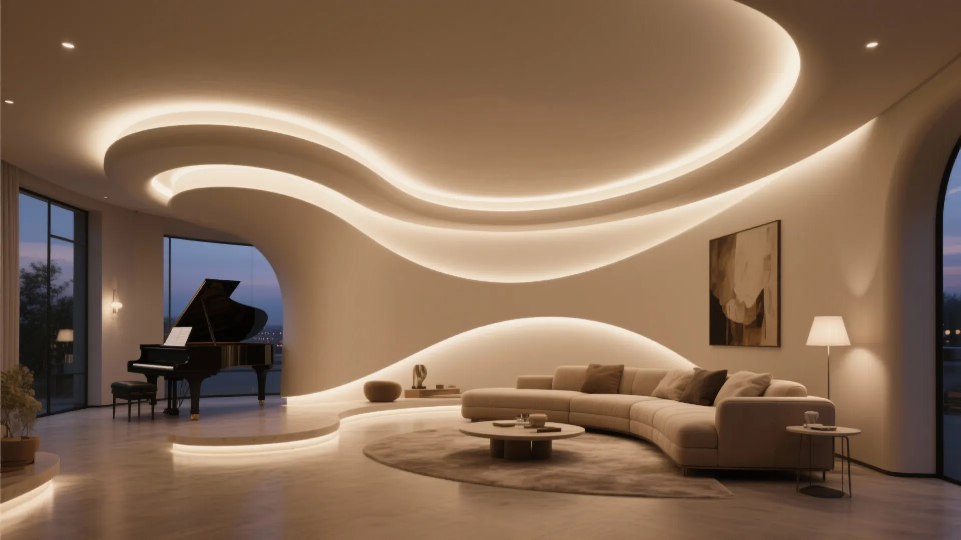 Modern living room with curved white walls hidden ceiling lights black piano and cream sofa