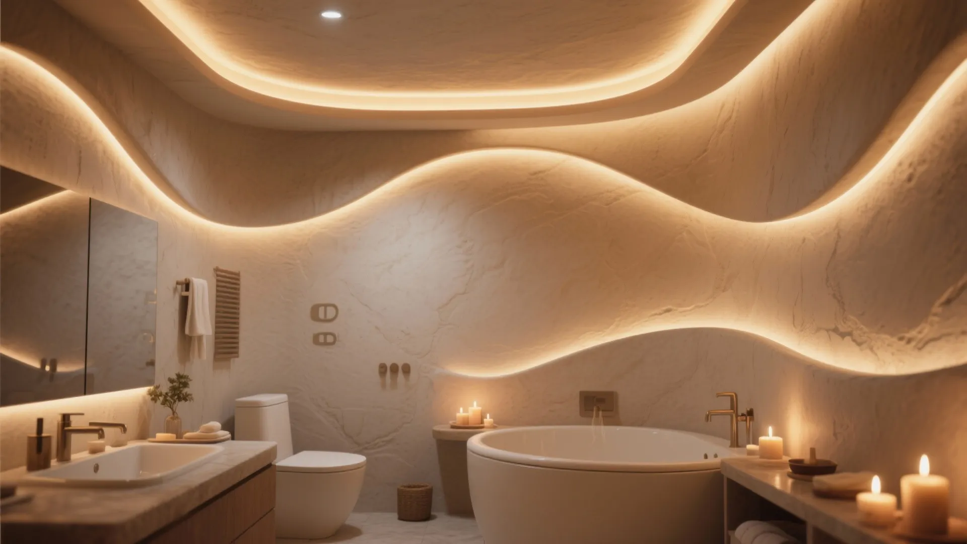 Luxury bathroom with curved wall lighting round bathtub white toilet sink and many small candles