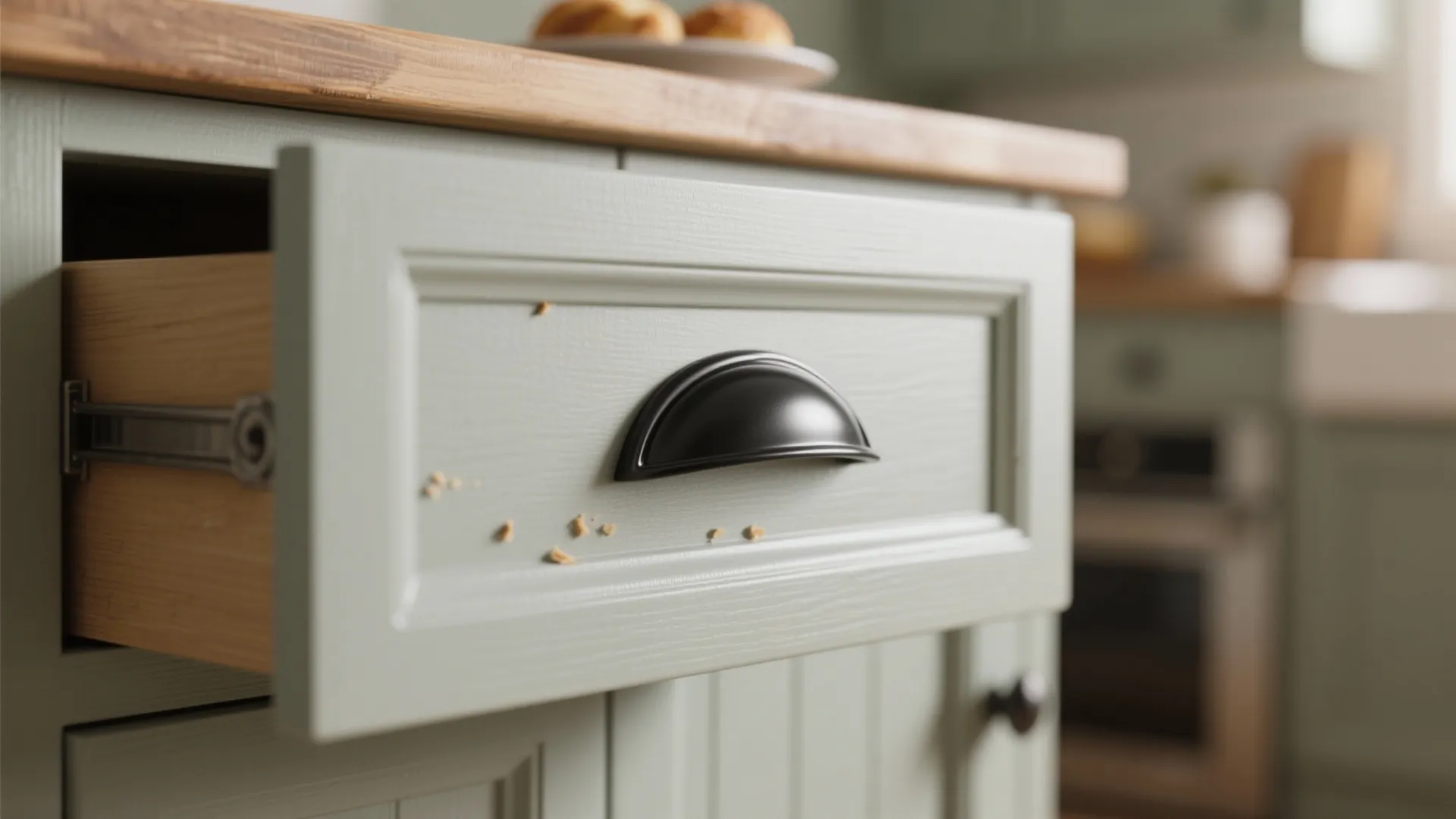 Matte black curved cup pull on a painted shaker drawer with warm island blur