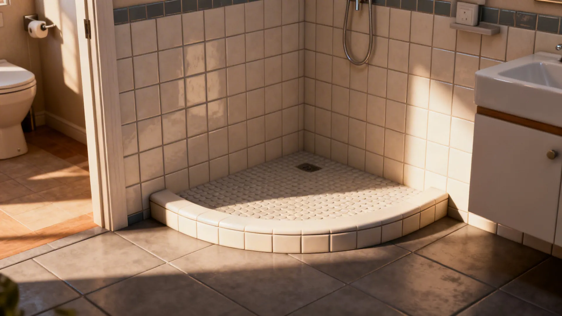 Corner open shower with a low curved curb preserving floor continuity in a small bathroom