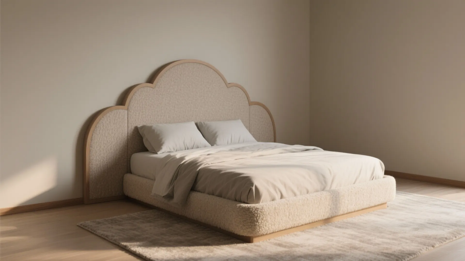 Minimalist bedroom with a beige curved headboard grey bedding area rug and light wood flooring