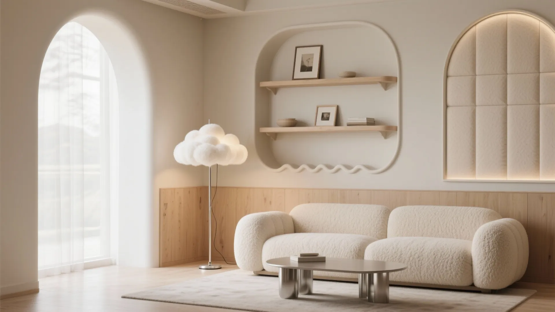 Cream living room with fluffy sofa cloud floor lamp arched window and wooden wall panel