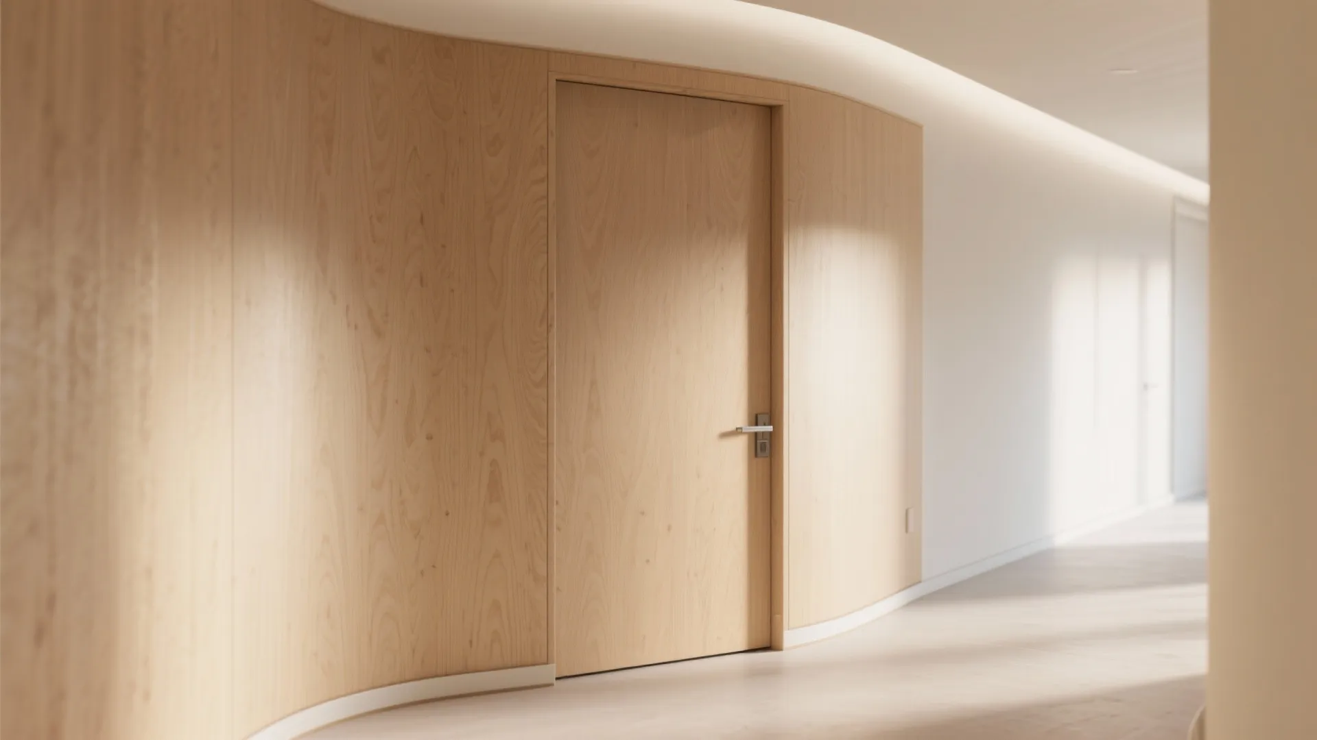 Curved hallway featuring light wood wall panel and matching wood door with warm hidden light