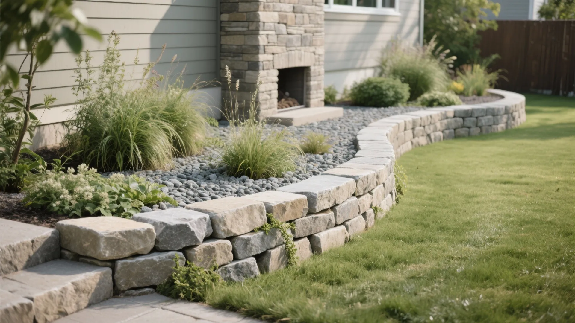Curved natural stone dry-stack with native planting pockets