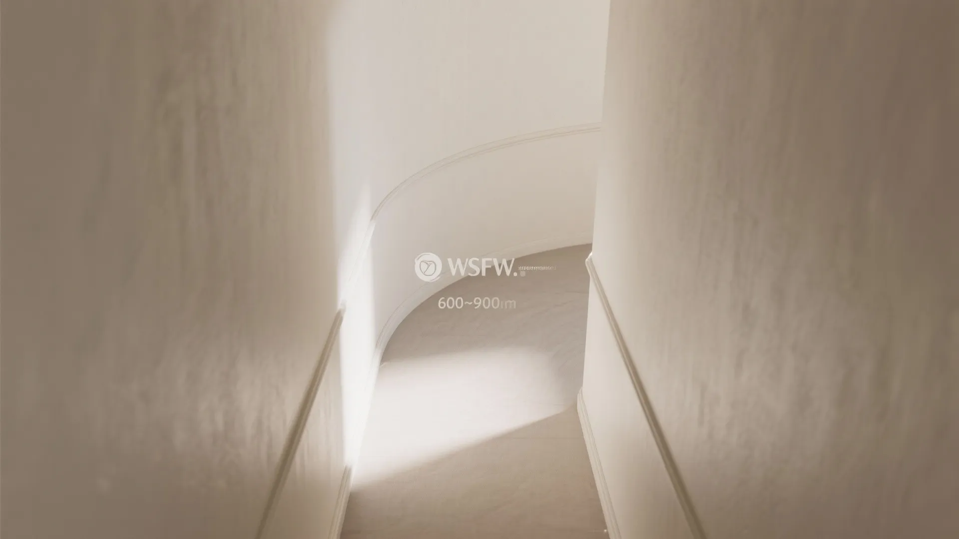 Bright narrow hallway featuring curved white walls with decorative wall panels and soft natural light