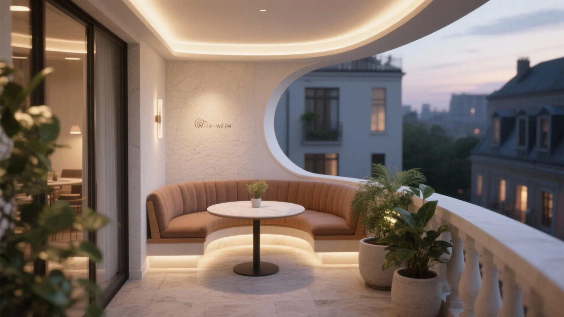 Modern balcony with curved walls brown sofa round marble table potted plants and warm light