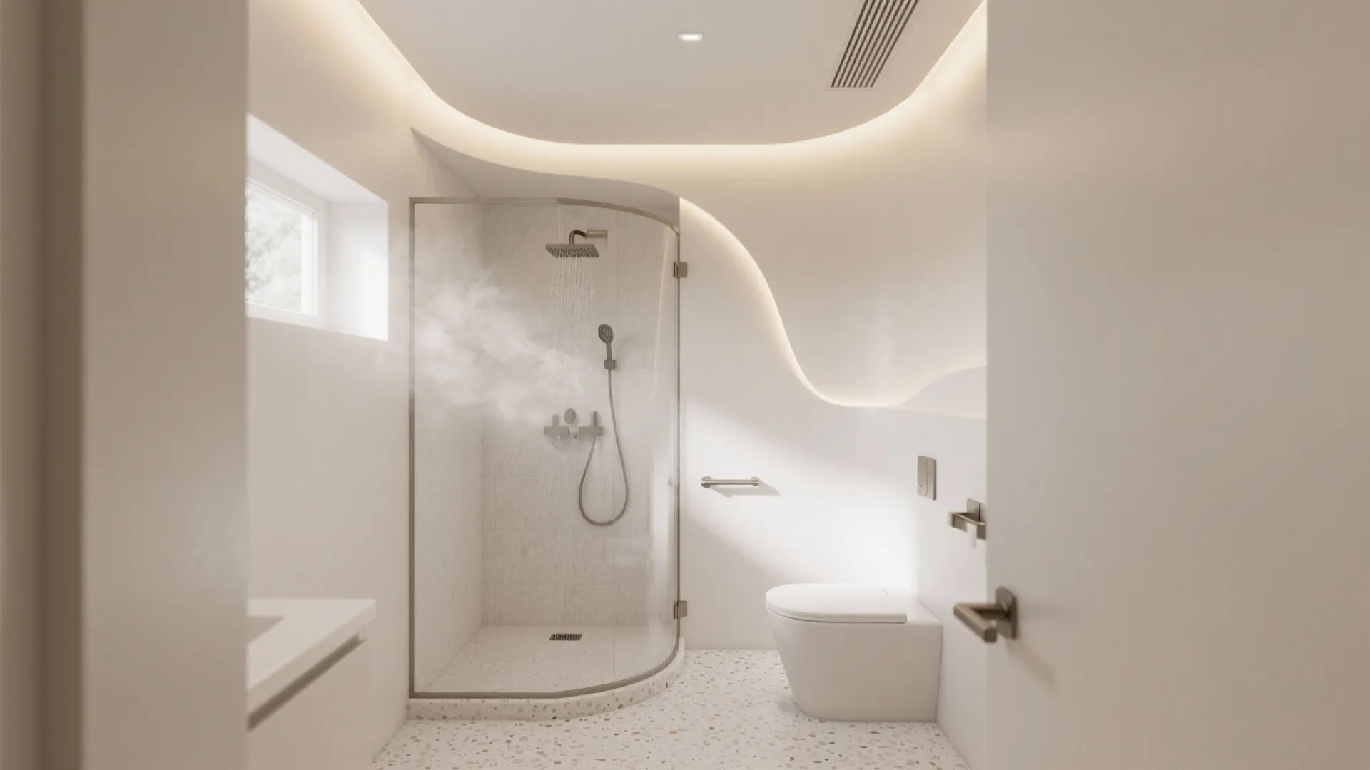 Modern white bathroom featuring curved ceiling lighting glass shower cabin white toilet and speckled flooring